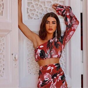 Camila Coelho Tropical Floral Winema One Sleeve Flouncy Crop Top XS